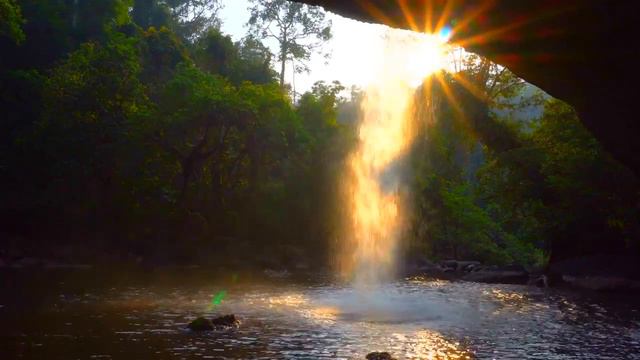 Calming Waterfall And Sunshine. Relaxing Nature Sounds. (10 Hours). White Noise For Sleeping.