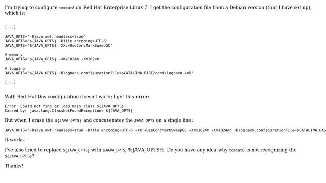 Red Hat Configuration of Tomcat 8 - ${JAVA_OPTS} keyword not recognized смотреть онлайн
