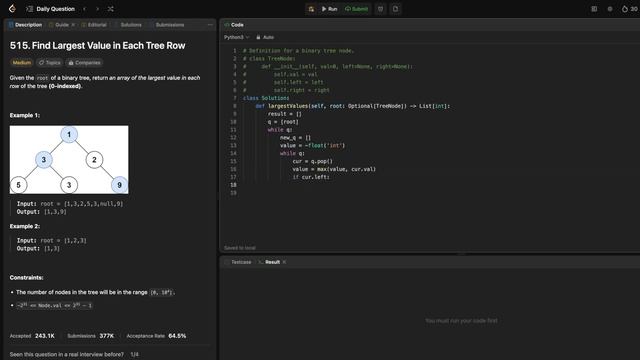LeetCode 515 Find Largest Value in Each Tree Row - python смотреть онлайн