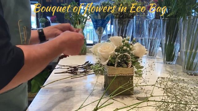 Flower Bouquet Arrangement. Valentine's Day preparation. Flower bouquets on Eco bag and Paper bag смотреть онлайн