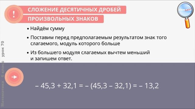 Математика 6 класс (Урок№70 - Обобщ. «Арифметические действия с десятичными дробями разных знаков». смотреть онлайн