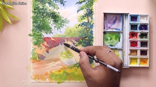 Beautiful Watercolor Painting of Bridge over Stream and Tree leaves смотреть онлайн