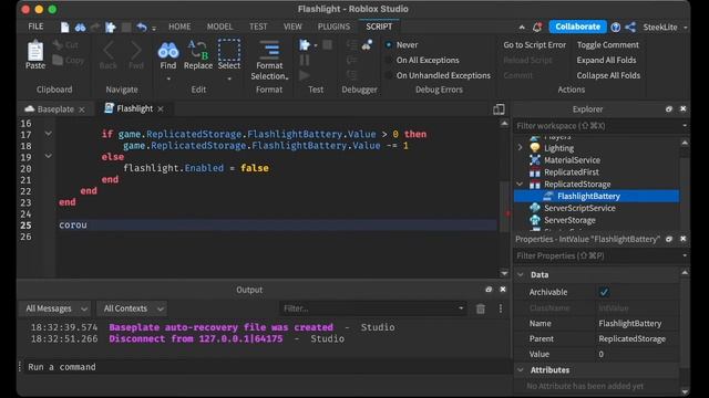 Roblox Studio how to make a first person flashlight with battery draining (script in description) смотреть онлайн