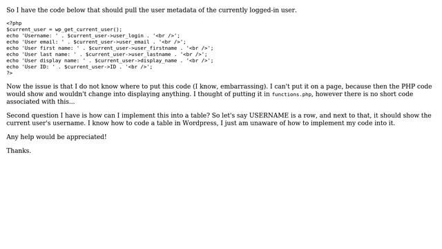 Wordpress: Where do I implement this display of User Meta Data, and how to put it in a table? смотреть онлайн