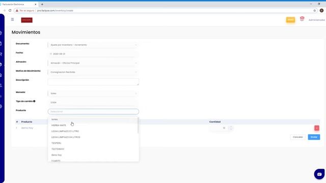 Movimiento de inventario: incrementar o disminuir stock