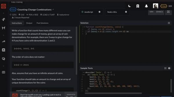 CodeWars || Counting Change Combination || JavaScript || Code Challenge