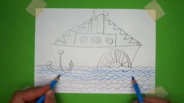 Рисунок антистресс. Нарисовать пароход двумя руками одновременно. смотреть онлайн