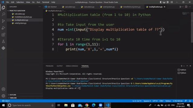 Program to Print Multiplication Table of a Number ( User Input ) using PYTHON | IN HINDI WITH CODE смотреть онлайн