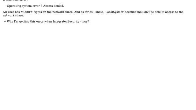 SQL Server service permissions on network share depending on IntegratedSecurity=true/false смотреть онлайн