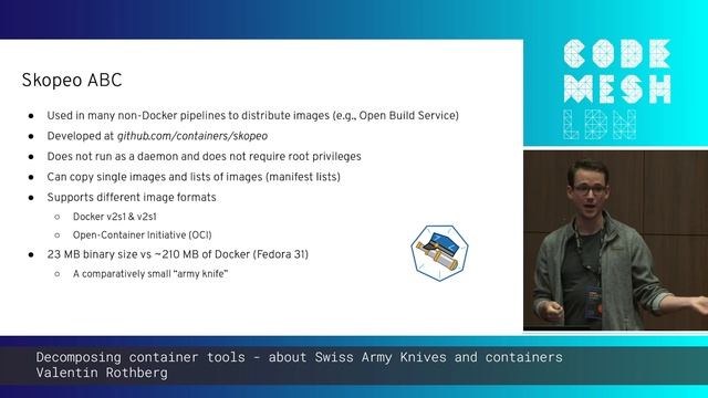 Valentin Rothberg - Decomposing container tools: Swiss Army Knives & containers | Code Mesh LDN 19 смотреть онлайн