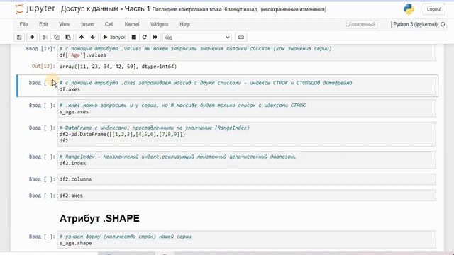 Доступ к данным Series и DataFrame через атрибуты INDEX, COLUMNS, VALUES, AXES + SHAPE, SIZE и INFO смотреть онлайн