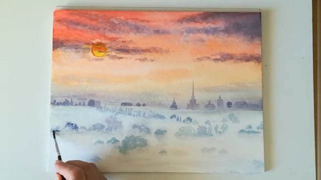 Nebliger Abend in Aquarell malen. Рисовать туман aкварелью. смотреть онлайн