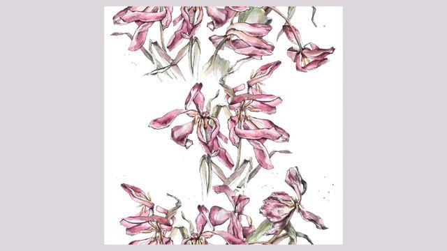 Увядающий тюльпан акварелью. Обработка иллюстрации и сборка бесшовного паттерна. смотреть онлайн