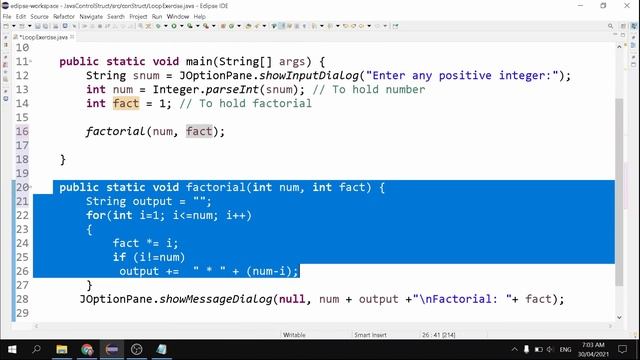 Factorial | Methods | for loop | Java Programming Tutorial for Beginners using Eclipse 2021 смотреть онлайн