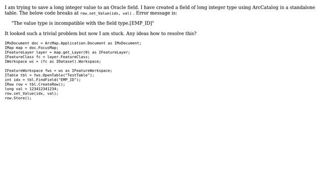 GIS: ArcObjects error storing long integer value to Oracle смотреть онлайн
