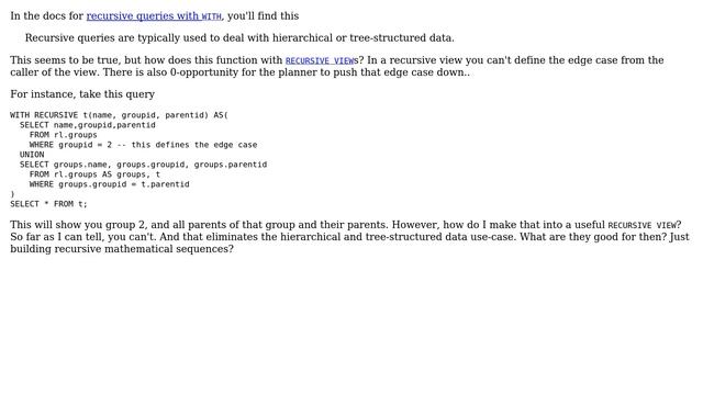 Databases: Limited utility in RECURSIVE VIEWS? смотреть онлайн