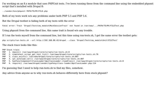 Drupal: Error running a PHPUnit test only under run-tests.sh смотреть онлайн