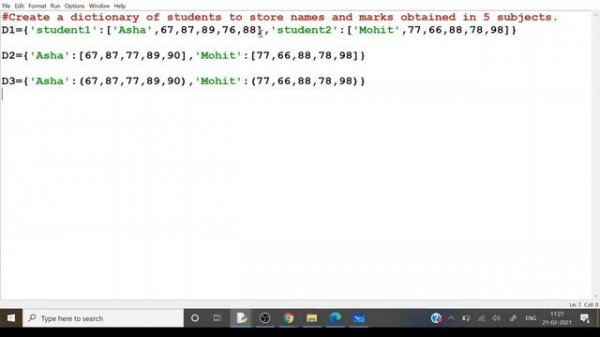10 Python Program to Create a dictionary of students to store names and marks obtained in 5 subject