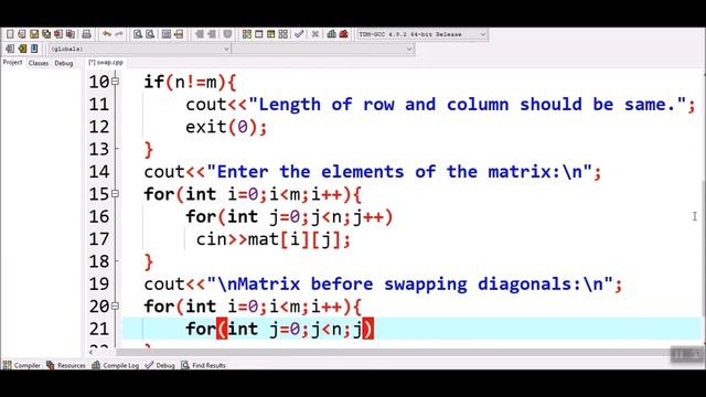How to interchange diagonals of a matrix in C++ смотреть онлайн