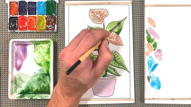 How to watercolor paint the anthurium plant that is the 4th page of the watercolor coloring book смотреть онлайн