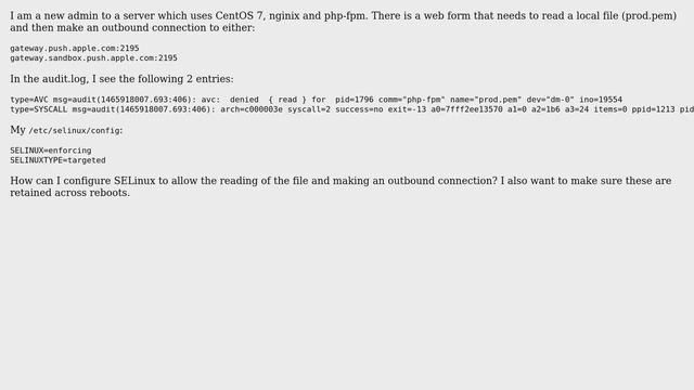 Allow SELinux, Nginx to read local file and make outbound connection смотреть онлайн