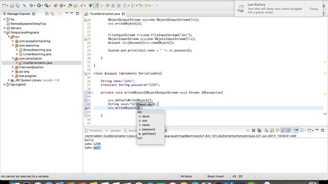 Java Custom Serialization using ReadObject and WriteObject with Example Part 2 смотреть онлайн