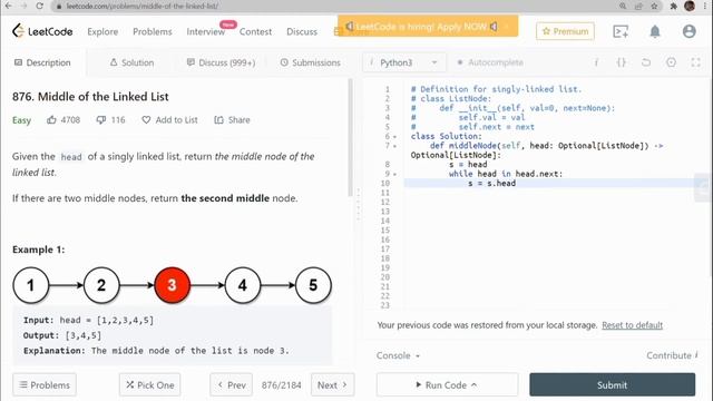 876. Middle of the Linked List | LeetCode Series Solution by using Python3 |LeetCode Series смотреть онлайн