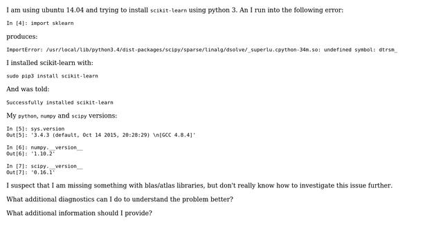 Ubuntu: Installing scikit-learn with Python3, _superlu.cpython-34m.so: undefined symbol: dtrsm_ смотреть онлайн