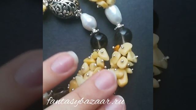 Украшения ручной работы: колье из желтого авантюрина, жемчуга и раухтопаза «Солнечный день» смотреть онлайн