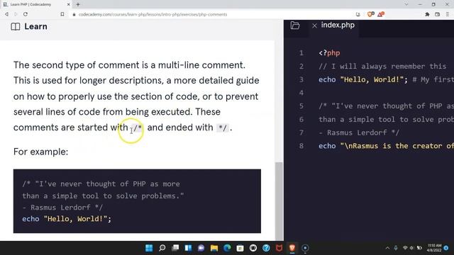 How PHP Comments Work, Comment in PHP, Multi-Line PHP Comment, Single Line PHP Comment, Codecademy смотреть онлайн