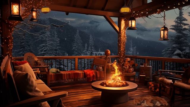 Winter Cozy Porch in Mountains with Peaceful Piano Music, Bonfire, Snow Falling & Blizzard Sounds смотреть онлайн