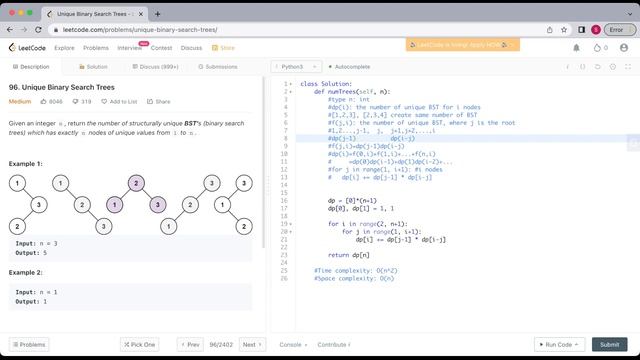 LeetCode 96: Unique Binary Search Trees (python dynamic programming solution) смотреть онлайн
