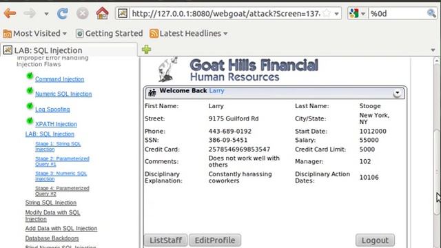 WebGoat v5.3 - Injection Flaws - LAB - Stage 3: Numeric SQL Injection смотреть онлайн