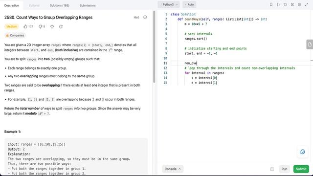 2580. Count Ways to Group Overlapping Ranges | Leetcode | Biweekly contest 99 | Python смотреть онлайн