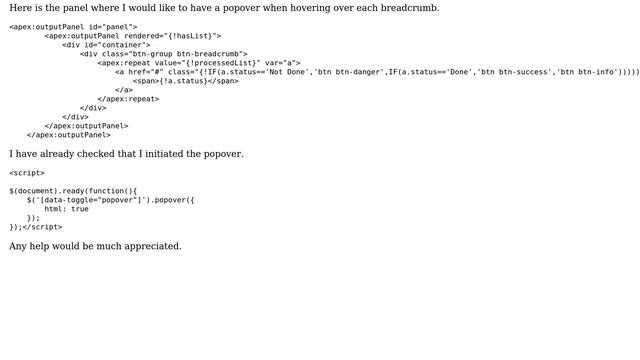 Bootstrap popover not showing in Visualforce page inside apex:outputPanel and apex: repeat смотреть онлайн