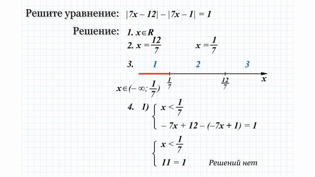 6.1 Решите уравнение: |7x-12| - |7x-1| = 1 смотреть онлайн