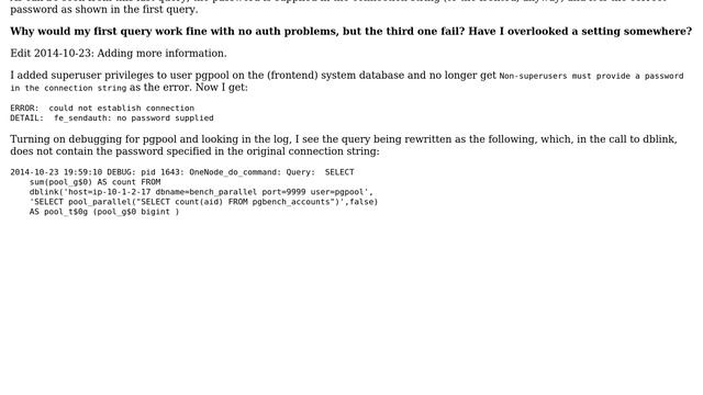 pgpool2 parallel mode: Non-superusers must provide a password in the connection string смотреть онлайн