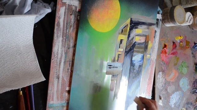 Дом под Луной. Картина маслом в смешанной технике. смотреть онлайн