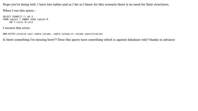 Databases: Receiving error : ORA-01747 While trying to calculate COUNT(\*) of a specific table смотреть онлайн