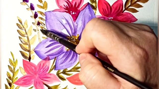 Яркий стилизованный букет - рисунок акварельными красками. смотреть онлайн