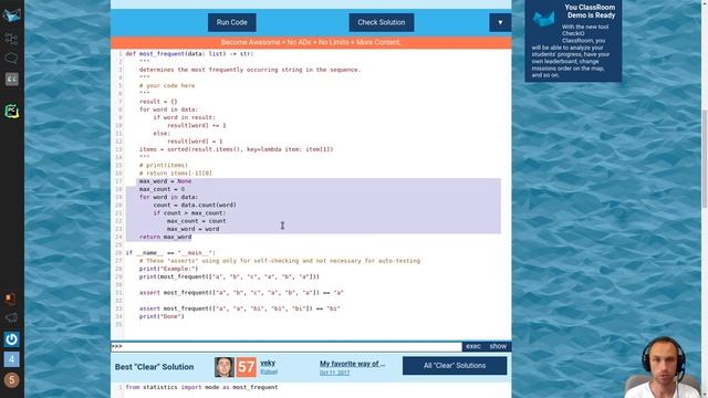 Обучаемся python на сайте CheckIO #3. Смотрим крутые решения в одну строку смотреть онлайн