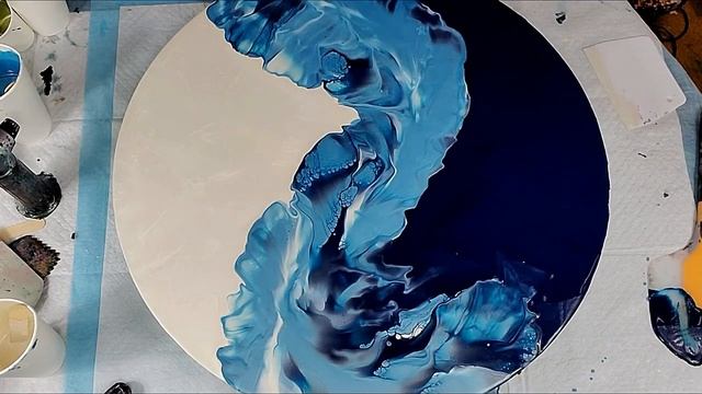 (538) Acrylic Ribbon Pour Painting on 24" Round, Blue Quartz, Prussian Blue, Pearl Metallic смотреть онлайн
