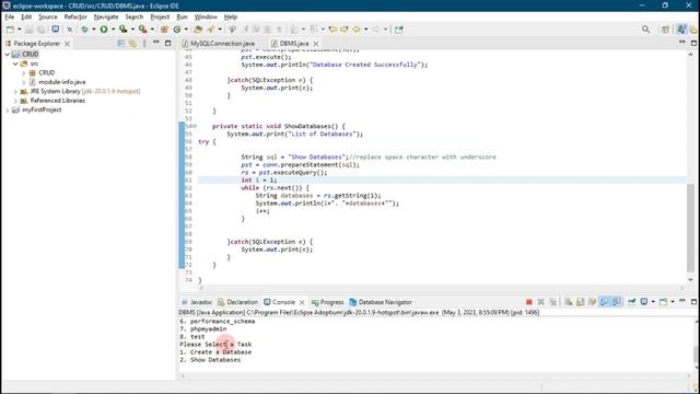 Eclipse 2023 - CRUD - Create, Show, Delete Database - Create and Alter Table - MYSQL Server Xampp смотреть онлайн