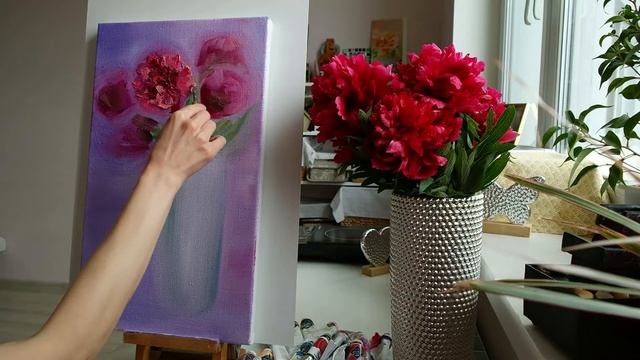 Живопись маслом | Натюрморт маслом | Живопись мастихином | Peonies painting смотреть онлайн