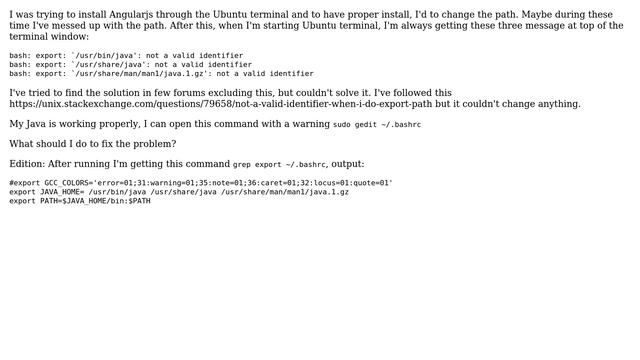Unix & Linux: After starting terminal always getting bash: export: "path" not a valid identifier смотреть онлайн