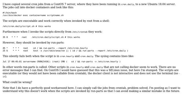 Ubuntu 18.04 cron job calling docker silently fails in run-parts but works in plain crontab смотреть онлайн