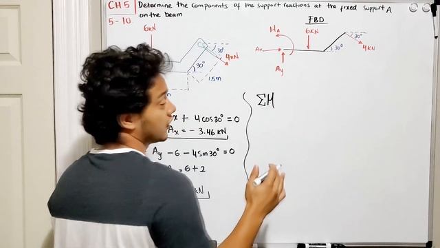 Statics 5.10 - Determine the components of the support reactions at the fixed support A. смотреть онлайн