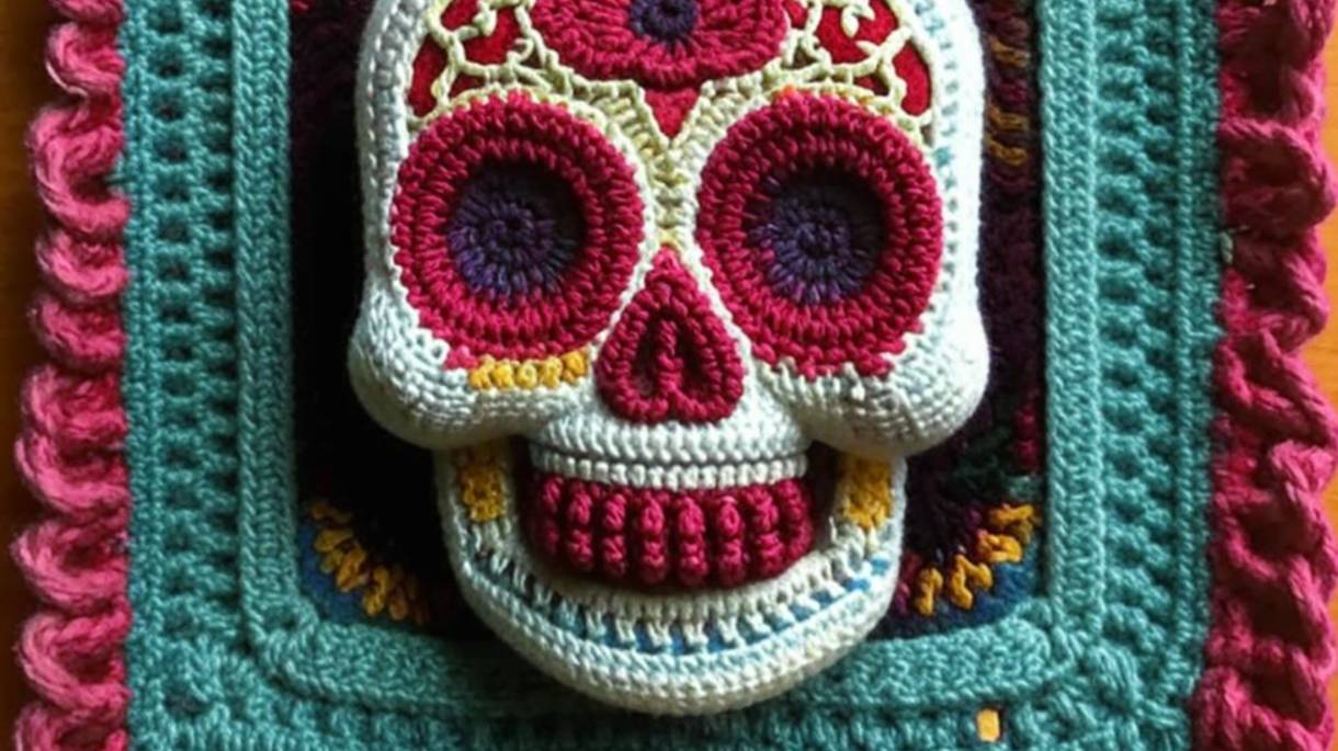 Вязаные квадратные мотивы с мексиканскими черепами (КАЛАВЕРА) - символами дня мертвых от нейросети. смотреть онлайн