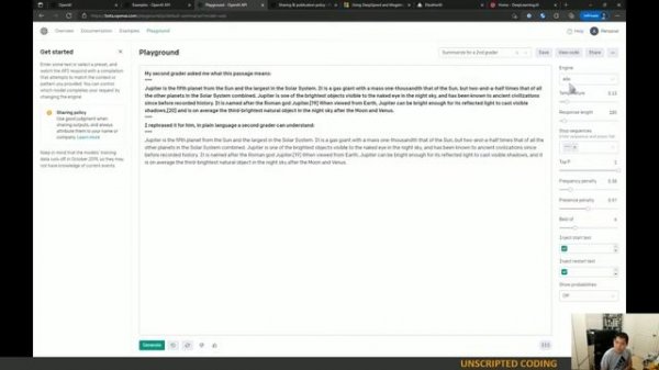 OpenAI GPT-3 demonstration: testing out the playground | Unscripted Coding