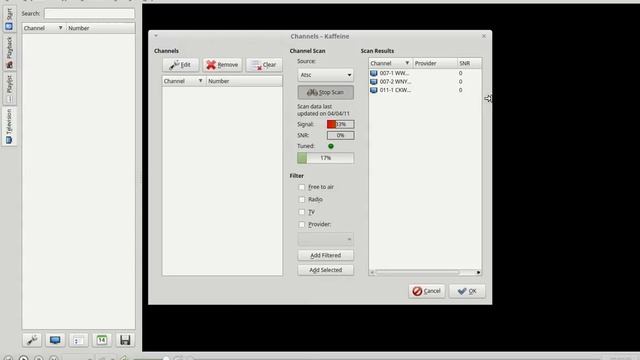 Kaffeine media player in Linux mint scaning Over the Air Brodcasts. смотреть онлайн